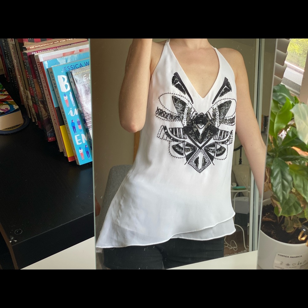 Asymmetric Hem Bebe Chiffon Beaded Shirt